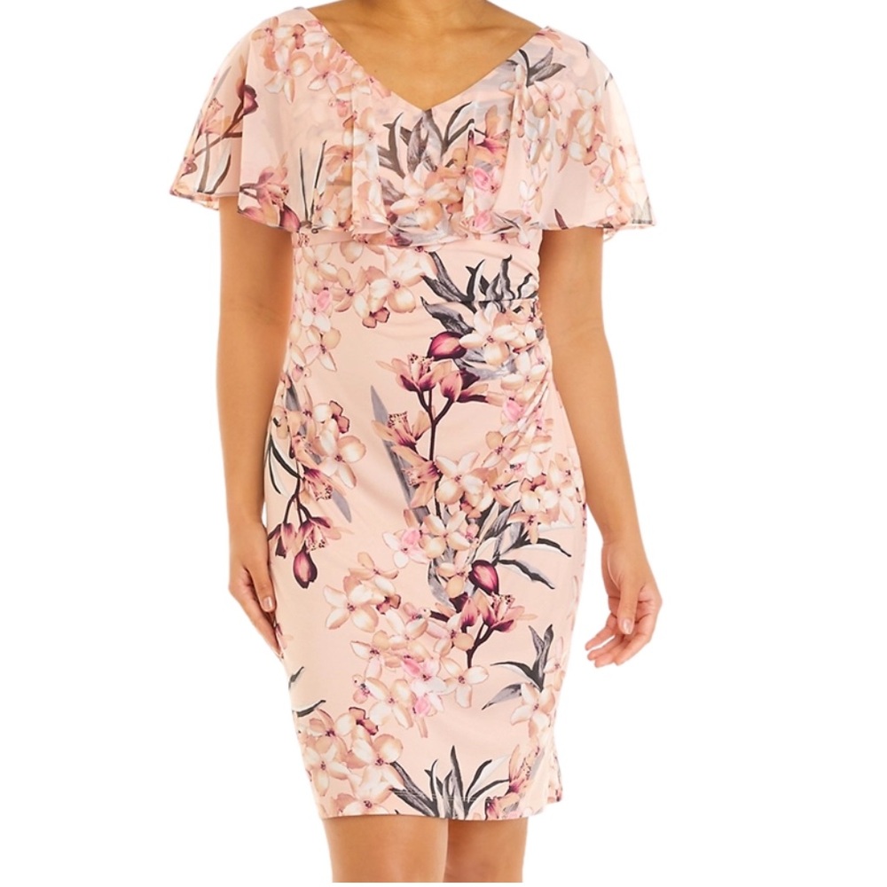 Connected Apparel Pink Black Flutter Sleeve Sheath Dress